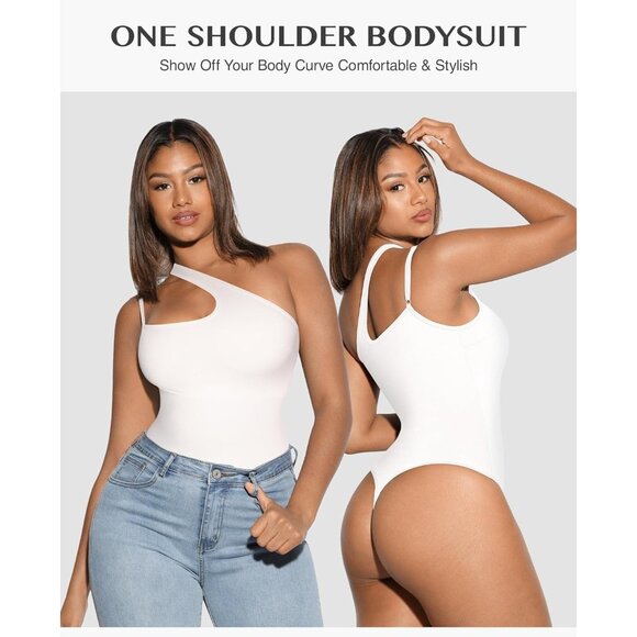 Women White One Shoulder Cutout Front Tummy Control Body Suit Tank Tops - Picture 2 of 5